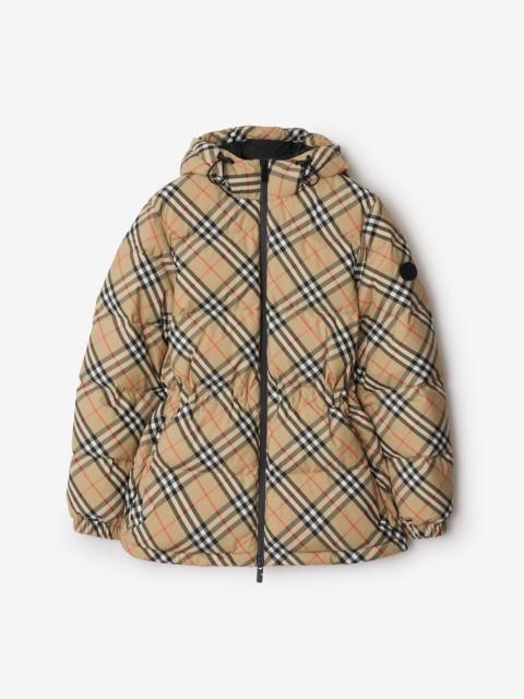 Check Nylon Hooded Puffer Jacket