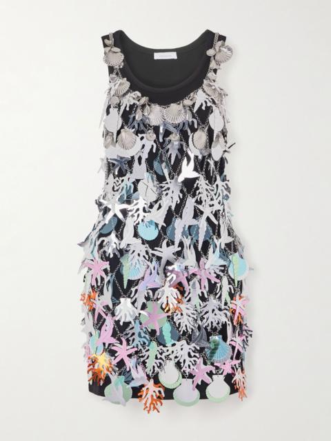 Layered embellished chainmail and jersey mini dress Silver