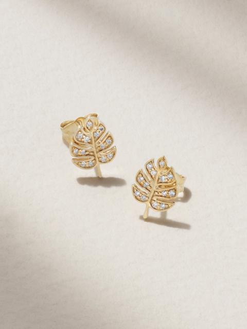 Tiny Monstera Leaf 14-karat Gold Diamond Earrings