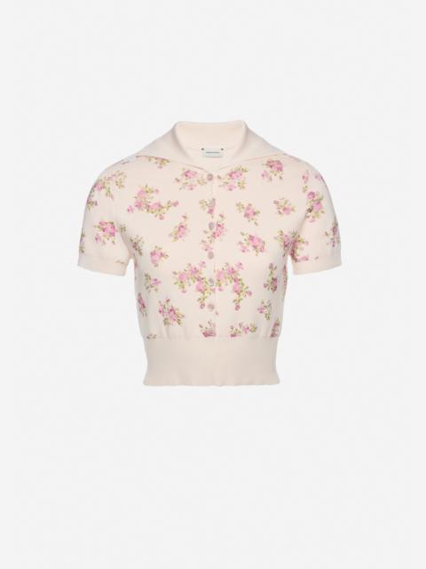 Cotton polo with wide collar in cream floral print
