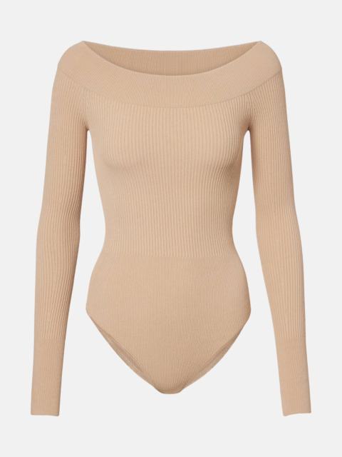 Ribbed-knit off-shoulder bodysuit