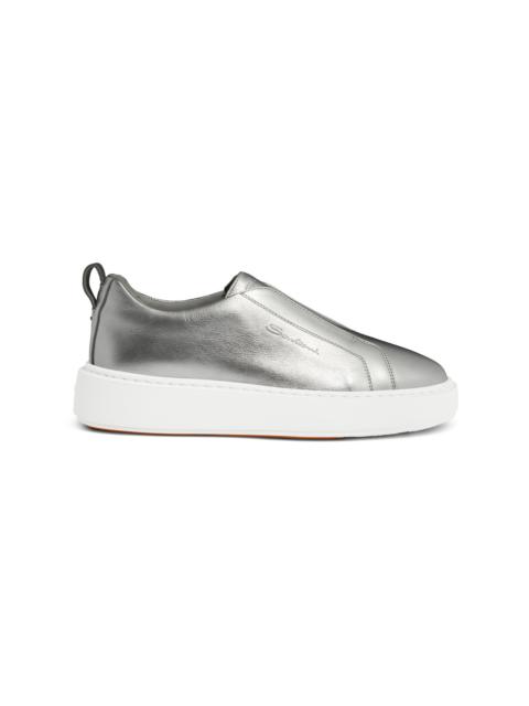 Women's silver laminated leather slip-on sneaker