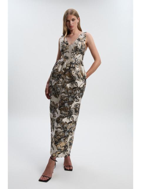 Floral Jacquard Plunge Corset Pencil Midi Dress