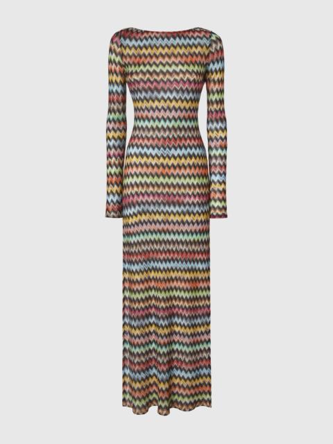 Long cover-up dress in lamé viscose with micro zigzag pattern