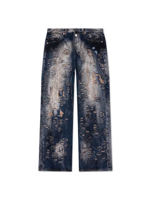 HARD-WASHED DAMAGED DENIM PANTS - BLUE