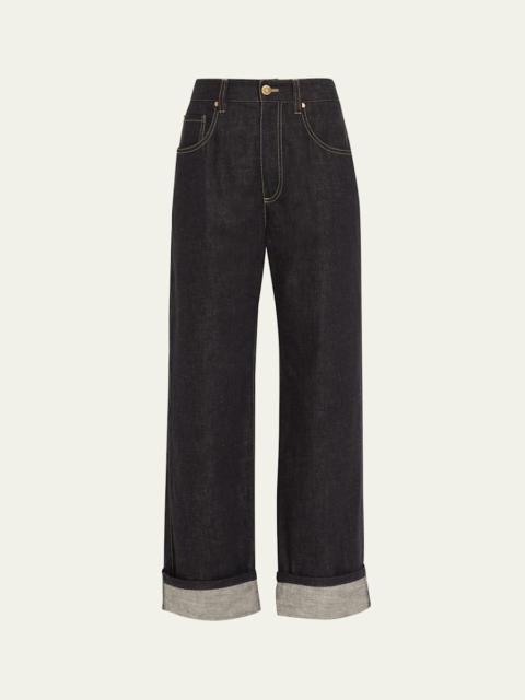 Dark-Wash Wide-Leg Cuffed Jeans