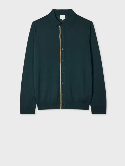 Dark Green Washable Wool Collared Cardigan