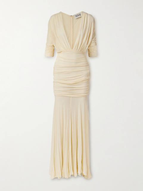 Devi Draped Gathered Jersey Maxi Dress