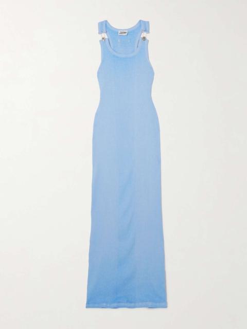 Paneled buckled ribbed cotton-jersey maxi dress Blue
