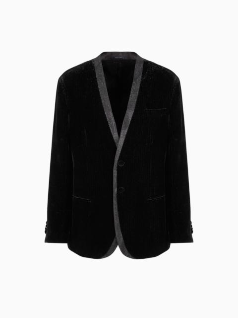 Giorgio’s single-breasted, tuxedo jacket in shiny pinstriped velvet