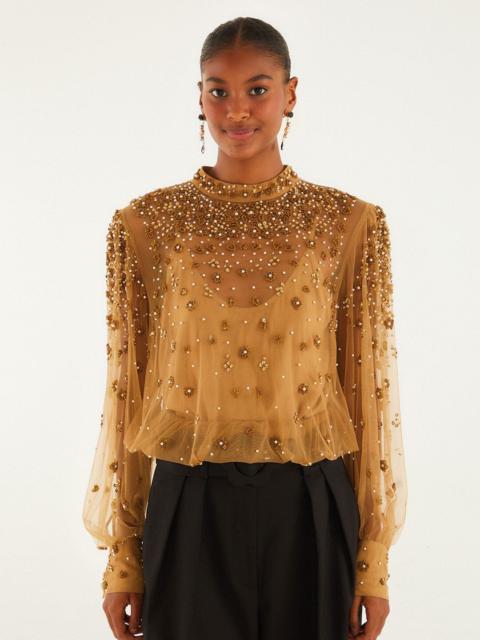Caramel Embroidered Tulle Lined Blouse