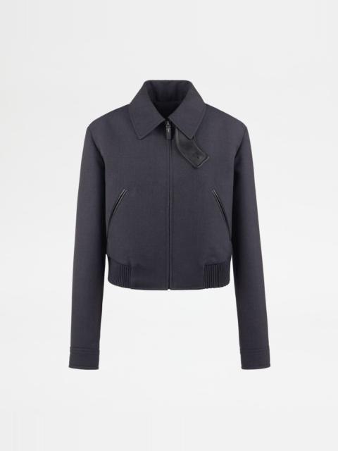 SHORT BOMBER JACKET IN WOOL GABARDINE - BLUE