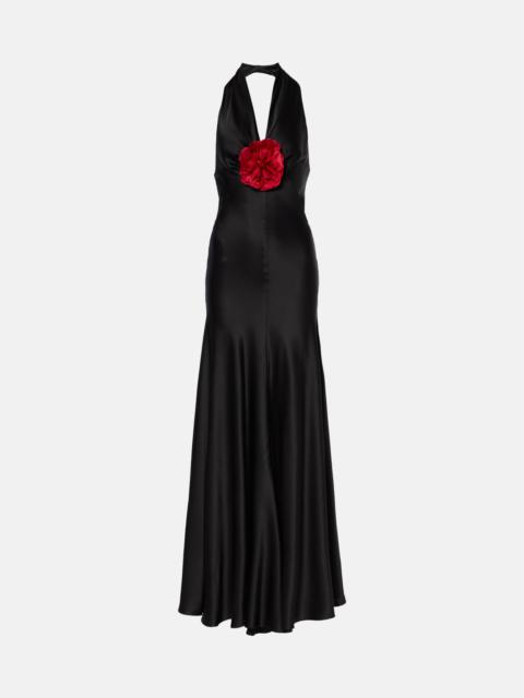 Floral-appliqué silk satin midi dress