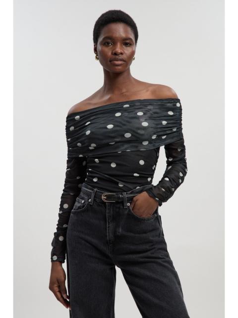Polka Dot Ruched Off Shoulder Ruched Bodysuit