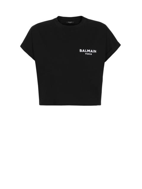 Cropped eco-designed cotton T-shirt with small flocked Balmain logo