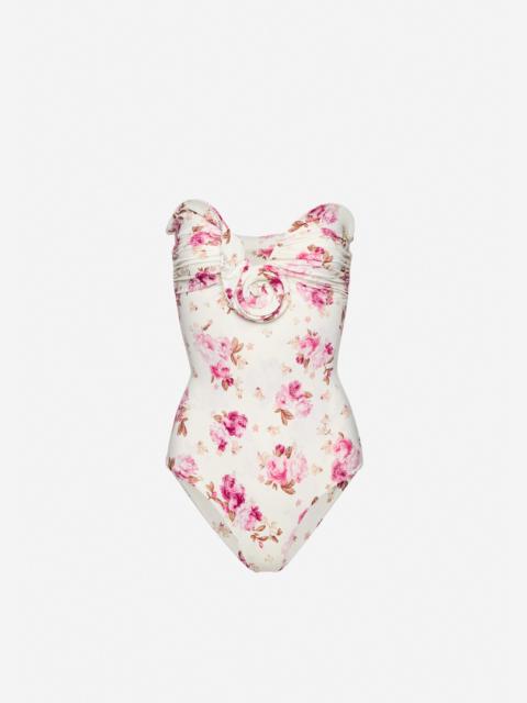 Sculptural rose bustier swimsuit in cream floral print