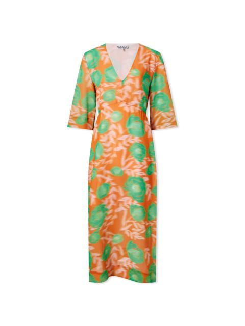 GANNI Printed Light Crepe V-Neck Dress