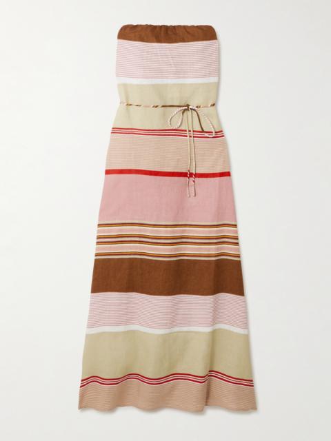 Yolina Strapless Belted Striped Linen Maxi Dress