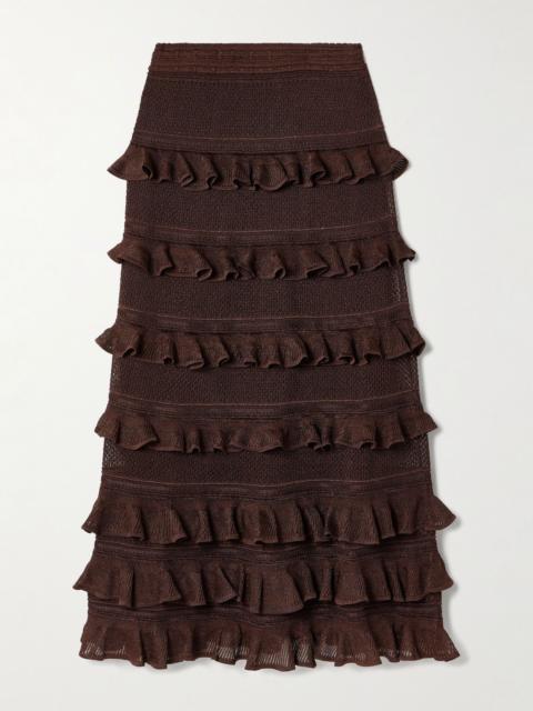 Metallic ruffled pointelle-knit maxi skirt Chocolate