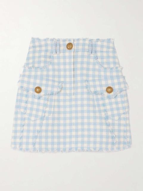 Button-embellished frayed gingham cotton-blend tweed mini skirt