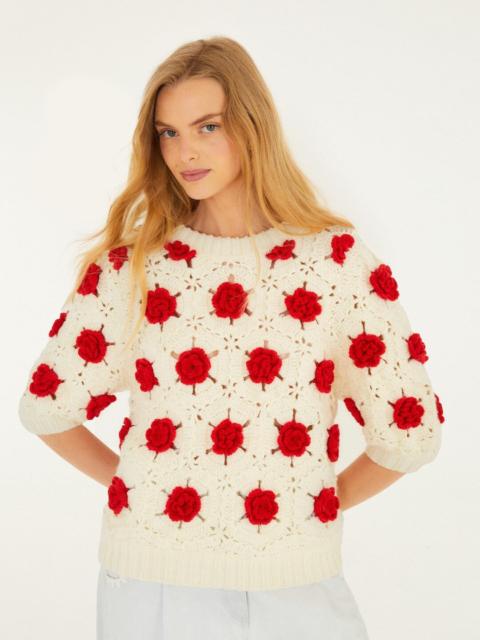 Red Flower Crochet Knit Blouse
