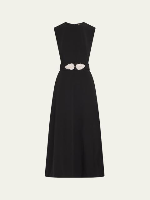 Jewel-Neck Sleeveless Heavy Crepe Midi Dress With An Embellished Belt