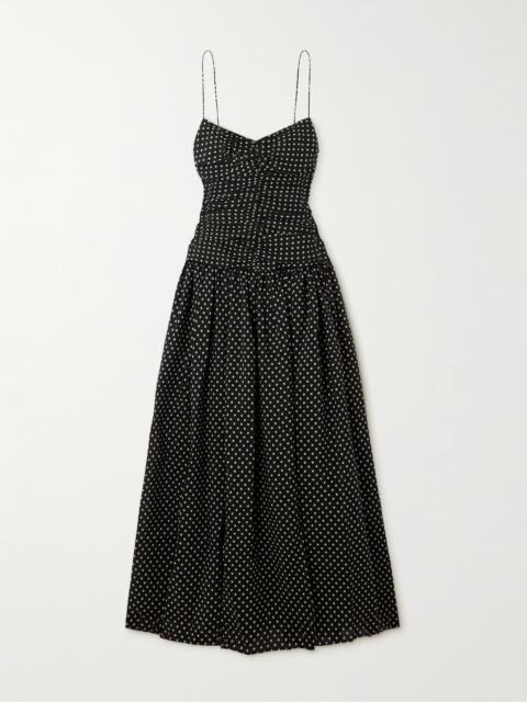 Gathered Polka-dot Organic Cotton And Silk-blend Midi Dress
