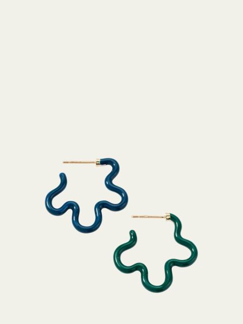 Two-Tone Asymmetrical Flower Small Hoop Earrings in Emerald and Teal Enamel