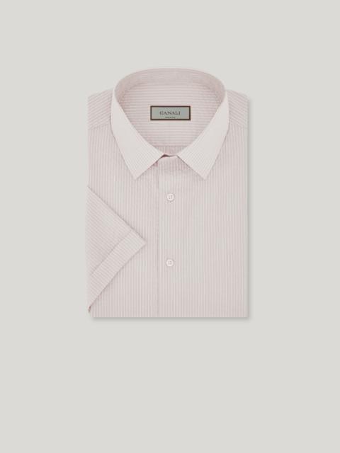 BEIGE AND WHITE STRIPED SEERSUCKER COTTON SLIM-FIT SHIRT