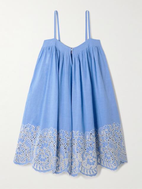 Zenobia Pleated Broderie Anglaise Linen And Cotton-blend Mini Dress