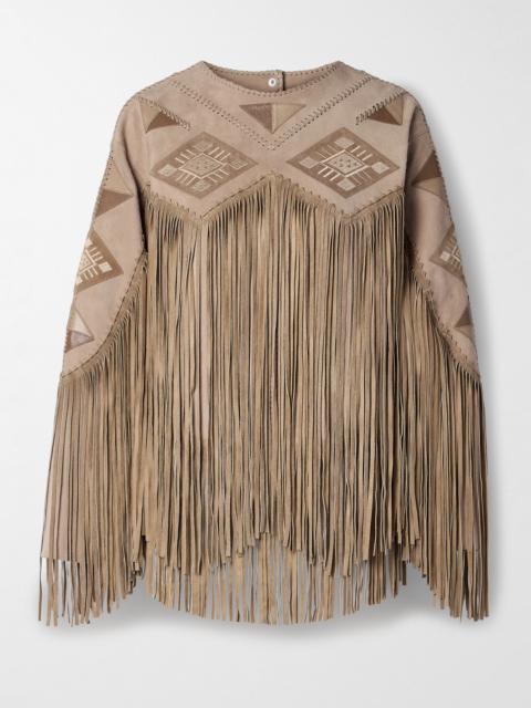 Dolci Fringed Leather-trimmed Embroidered Suede Top