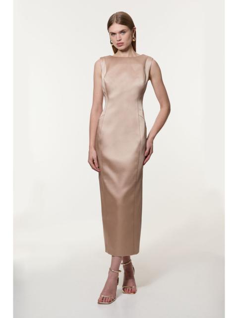 Structured Viscose Satin Stitch Detail Tailored Pencil Maxi Dress
