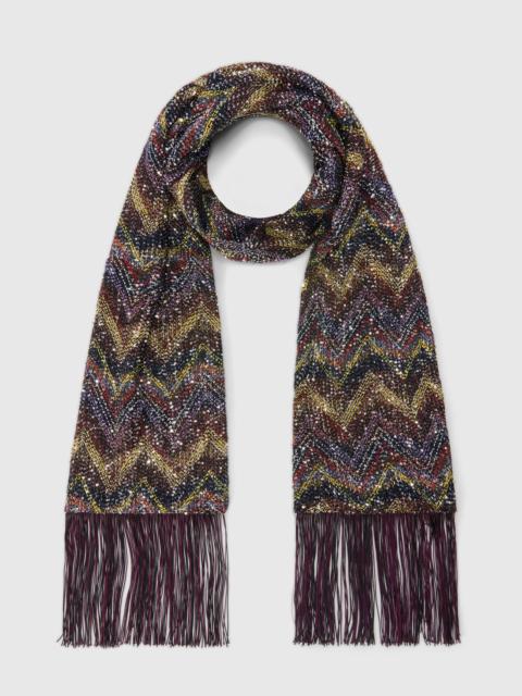 Lamé knit scarf with fringes and sequins