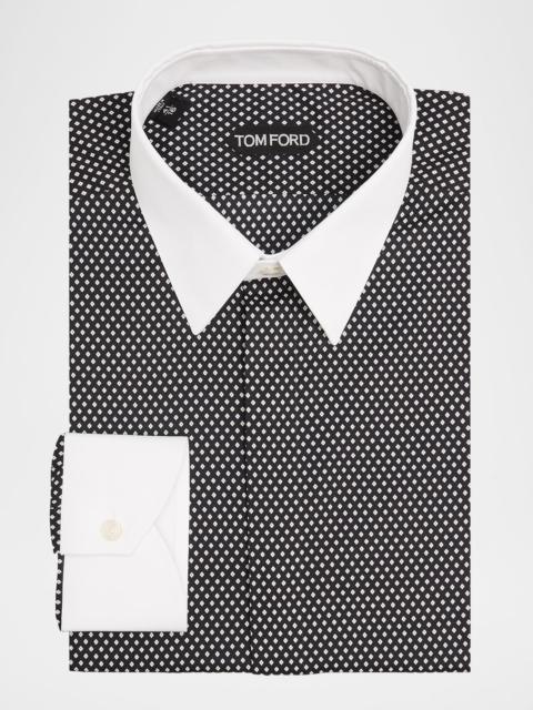 Men's Cotton Diamond-Print Contrast Collar-Cuff Dress Shirt