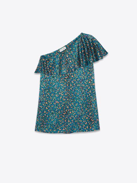 one-shoulder ruffle mini dress in leopard print silk