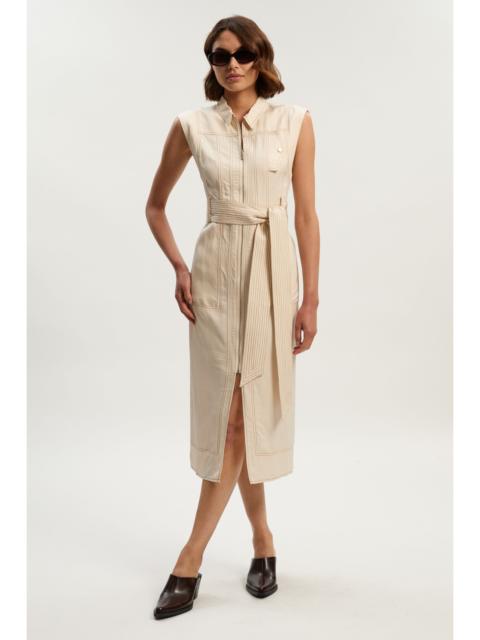 Premium Linen Twill Topstitch Woven Sleeveless Midi Dress