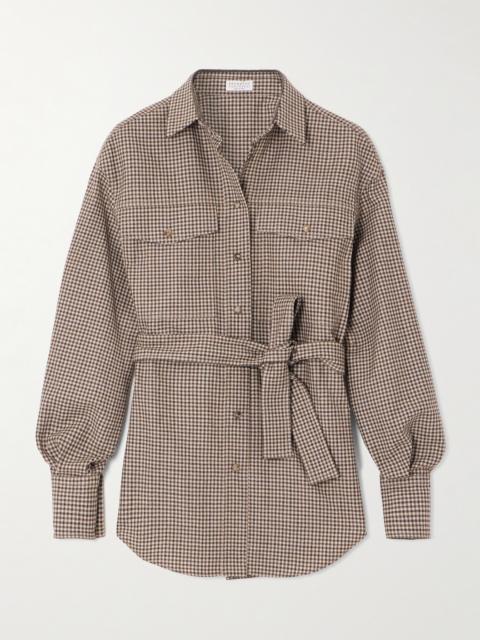 Belted Bead-embellished Checked Wool Shirt