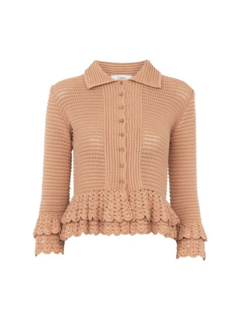 FITTED RUFFLED CARDIGAN IN CROCHET KNIT
