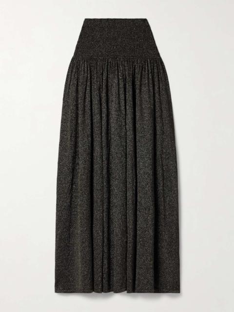 Crush gathered metallic stretch-knit midi skirt