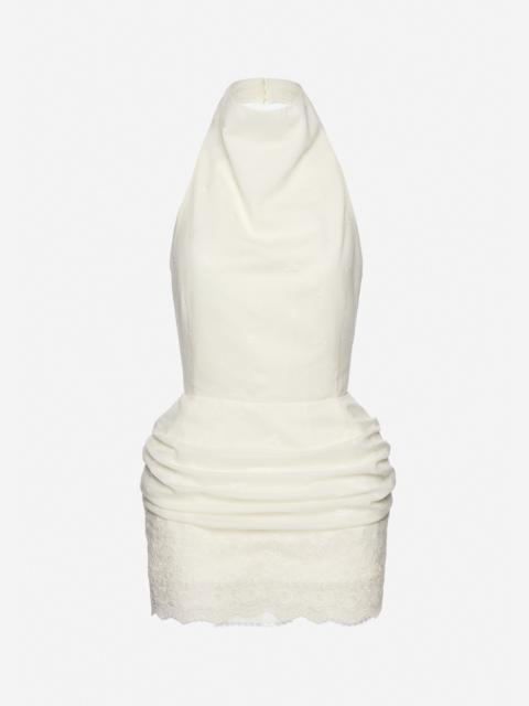 Halterneck mini dress with draped embroidered skirt in cream