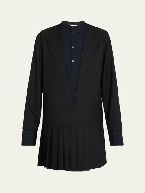 Layered Long-Sleeve Pleated Mini Shirtdress