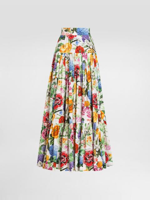 Long ruffled skirt in floral-print cotton