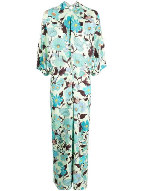Garden-print crepe long dress