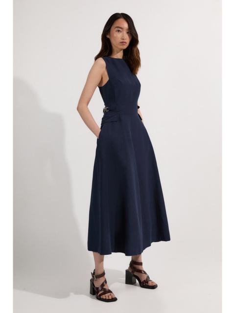 Premium Linen Tab Waist Detail Full Skirt Tailored Midi Dress
