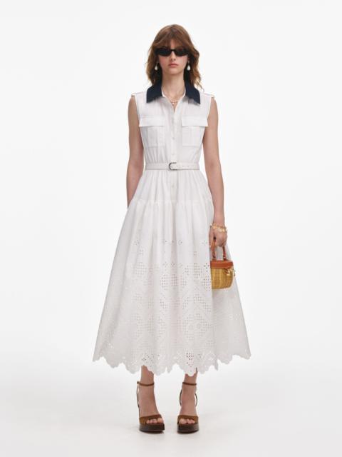 White Contrast Collar Broderie Midi Dress