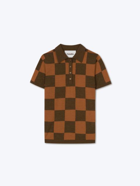 HATTI - Fine merino knitted polo - Hazelnut/cinnamon check