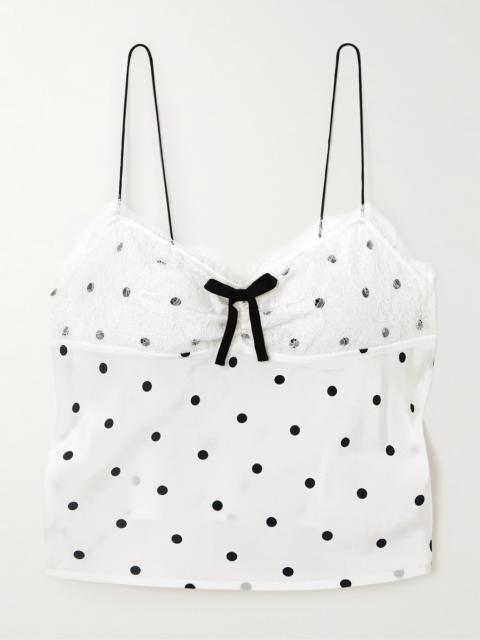 Bow-embellished Lace-trimmed Flocked Polka-dot Silk-georgette Top