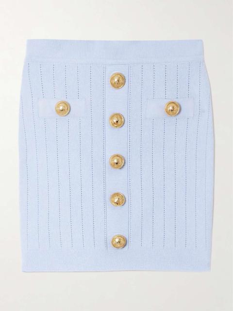 Button-embellished ribbed-knit mini skirt Blue