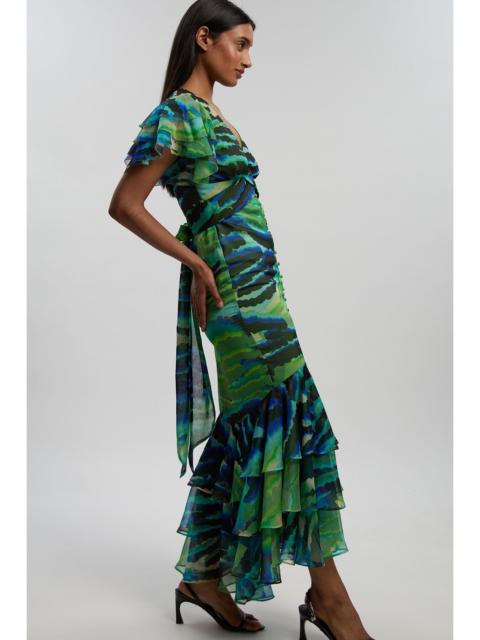 Animal Ruffle Sleeve Button Through Maxi Dress