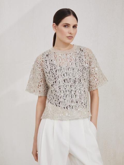 Dazzling croc embroidery knit T-shirt in mohair, silk and linen